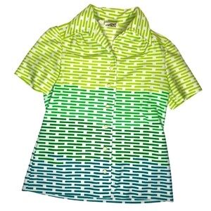 Vintage Butterfly Collar Ombré Lines Button Up Shirt Sz Med